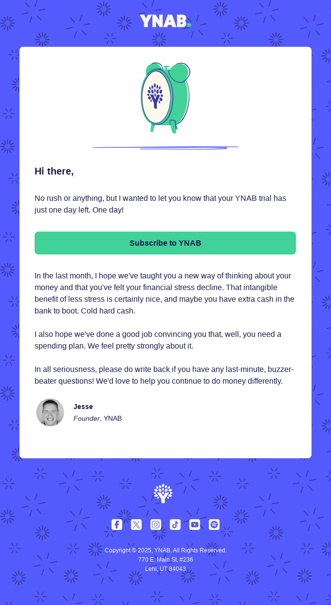 1 day left in your YNAB trial!
