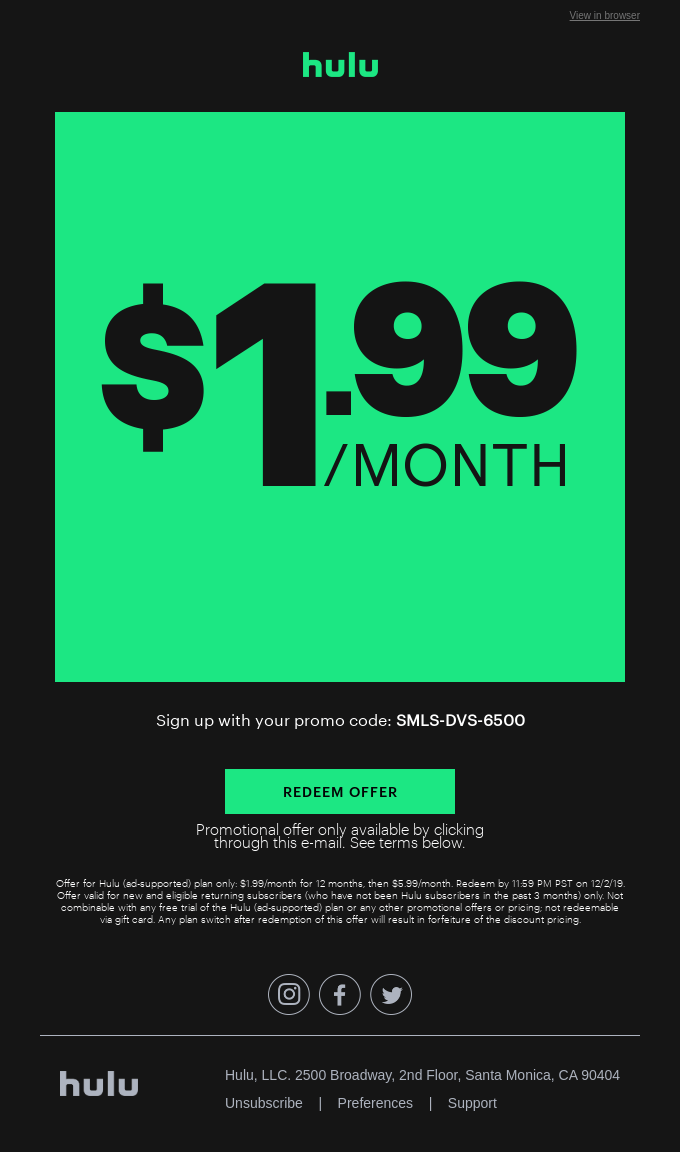$1.99/month Hulu. Just For You: LIMITED TIME OFFER. ⏳