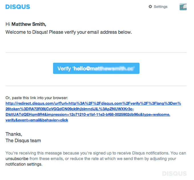 Account Activation Email Design from Disqus