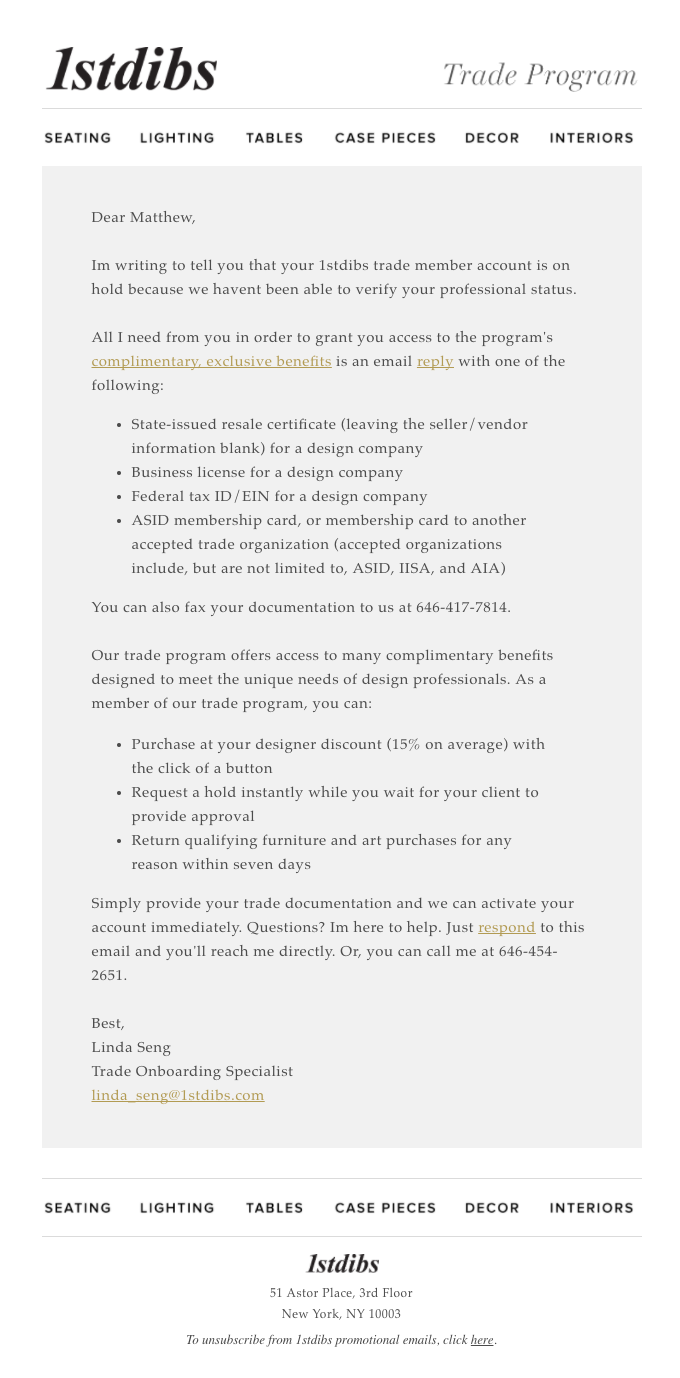 Action requested: Your 1stdibs trade registration is missing information