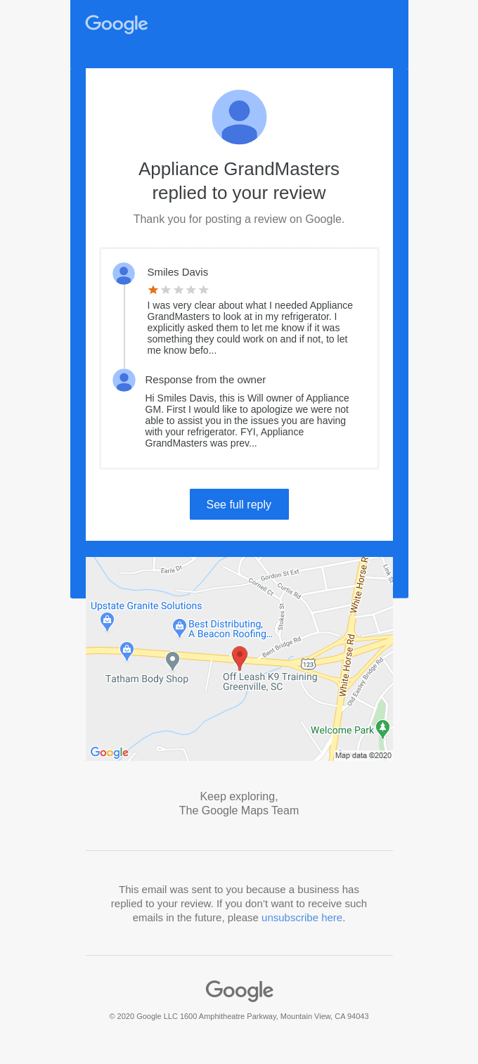 Appliance GrandMasters replied to your review on Google