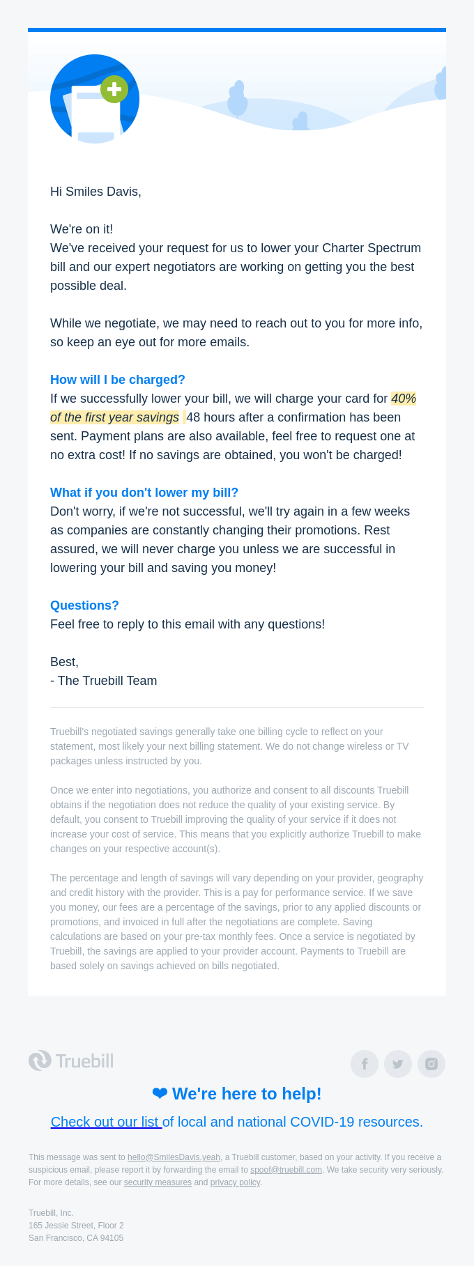 Bill Negotiation - We're on it! from Truebill - Desktop Email View ...
