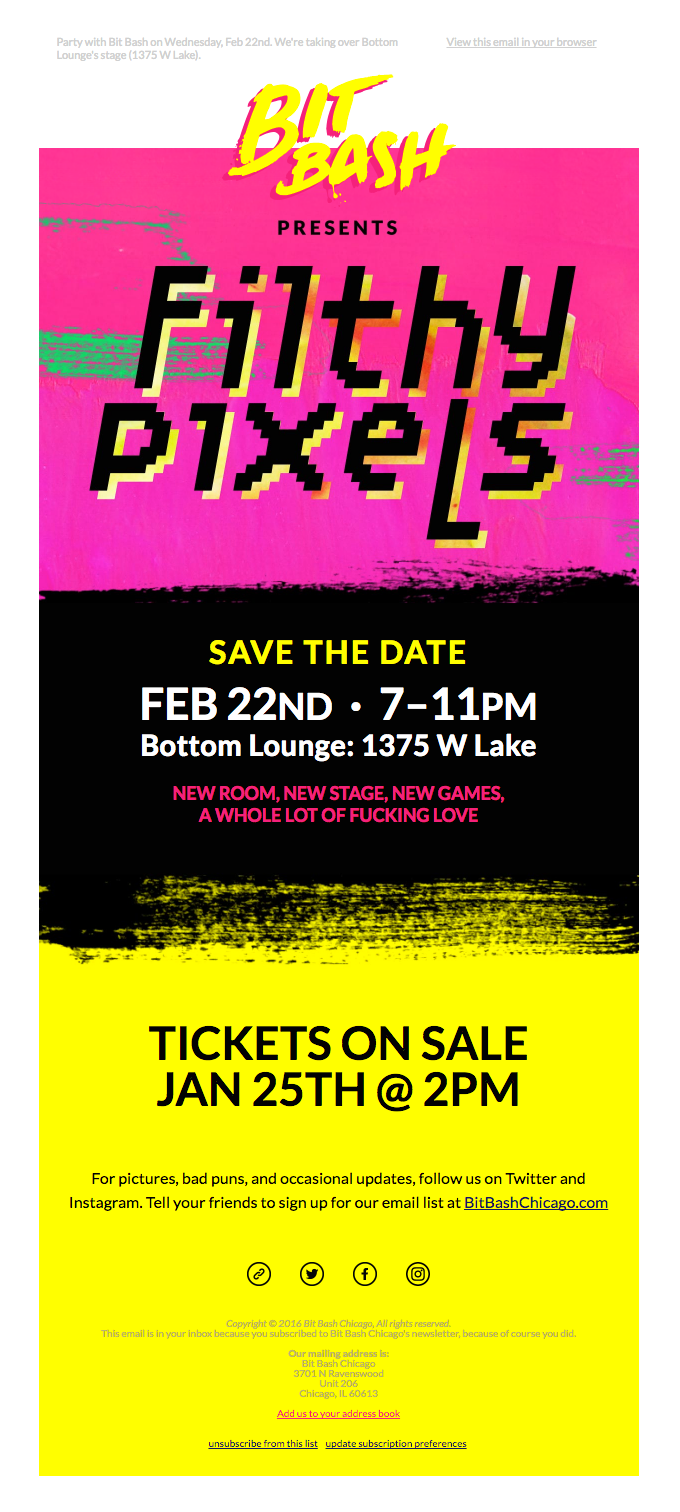 ⚡ BIT BASH PRESENTS Filthy Pixels, Feb 22nd. Tickets on sale Jan 25th. ⚡