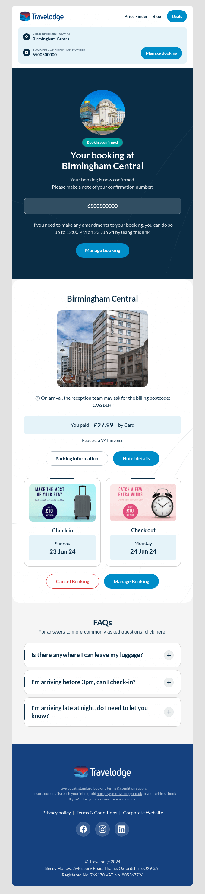 Booking Confirmed: Birmingham Central on 23 Jun 24 (#6500500000) - manage your booking online