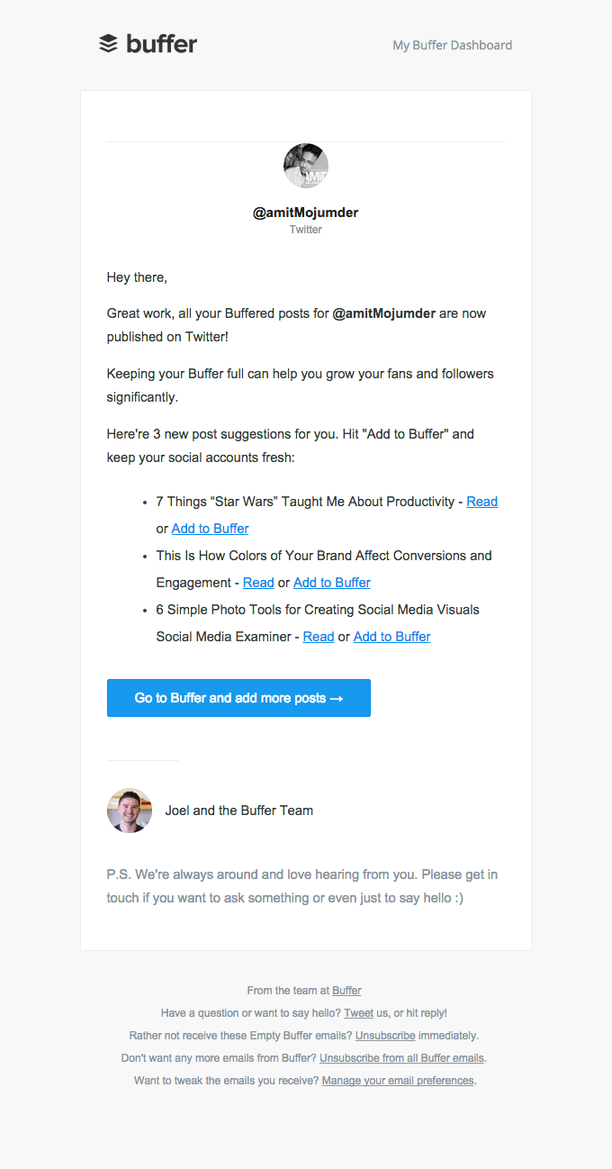 The Buffer for your Twitter profile, @amitMojumder, is empty. Here’re three more suggestions!