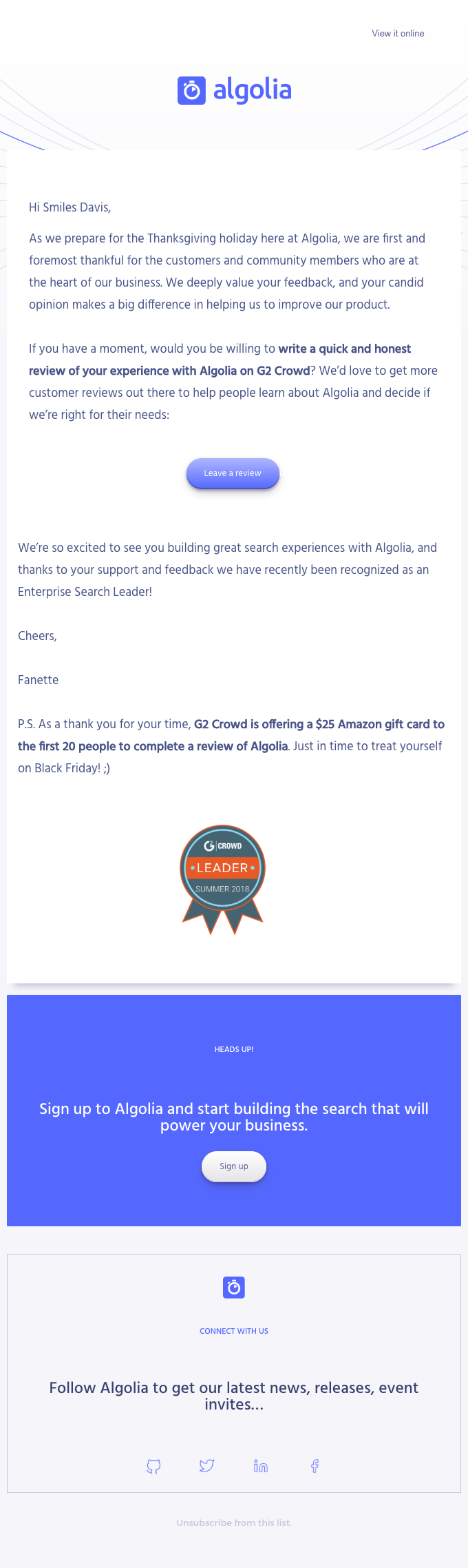 Claim your giftcard in time for Black Friday! Review Algolia