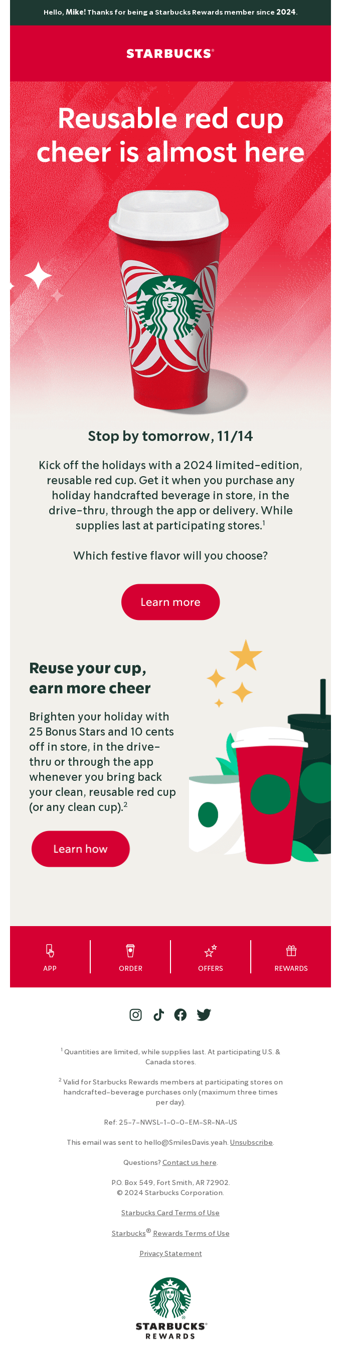 Come get your reusable red cup tomorrow! 🥳