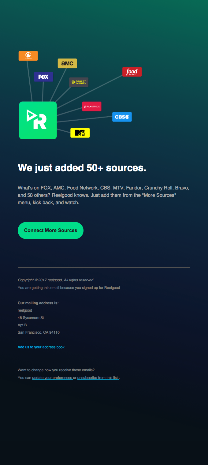 Connect 50 more sources to Reelgood! ABC, FOX, FoodNetwork & more.