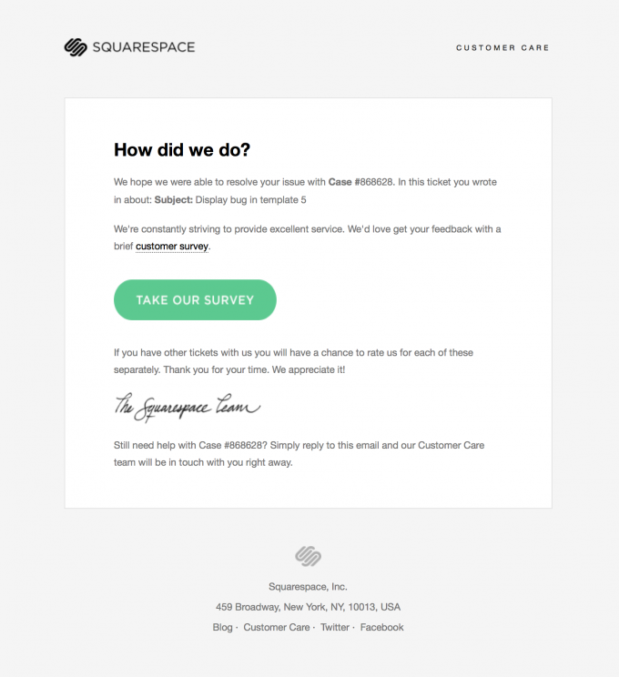 Customer Support Survey Email Design from Squarespace