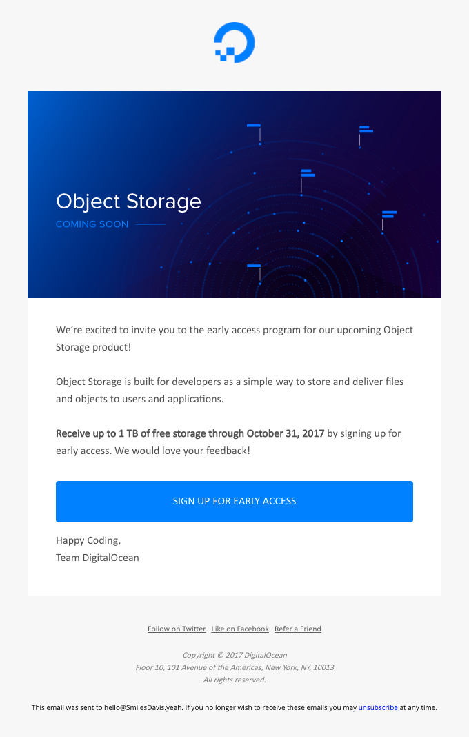 Early access to Object Storage from DigitalOcean Desktop Email View