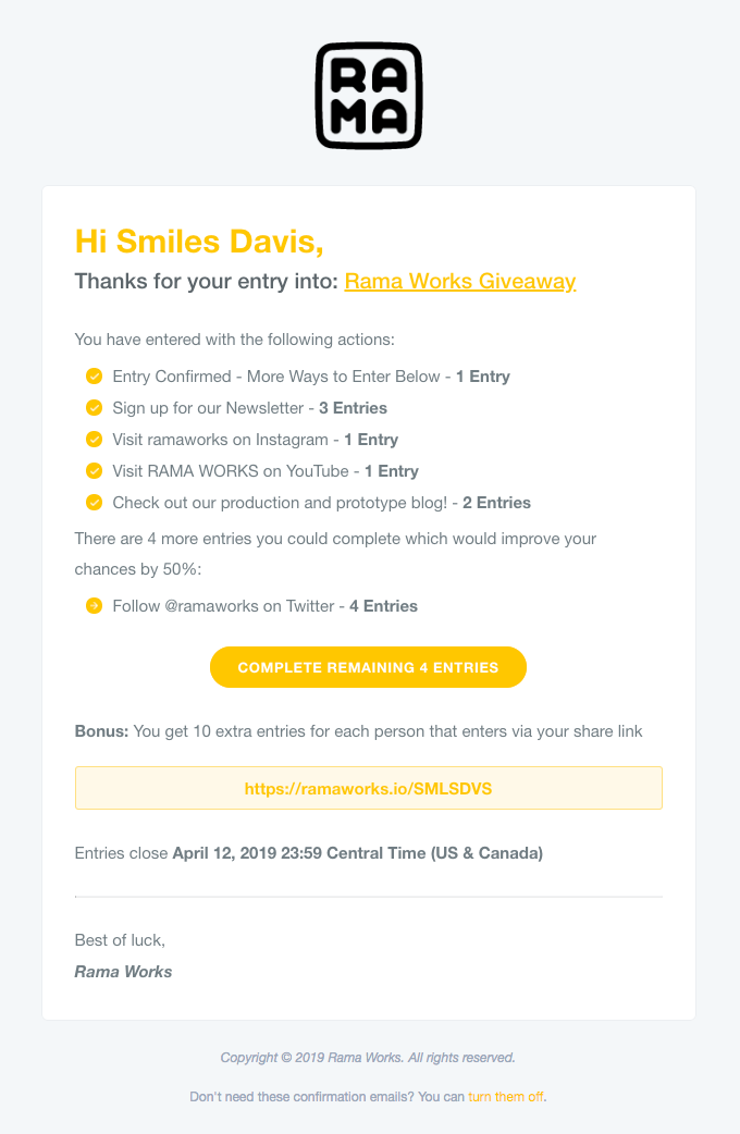Entry confirmed: Rama Works Giveaway - 8 Entries completed, 4 Left to Complete