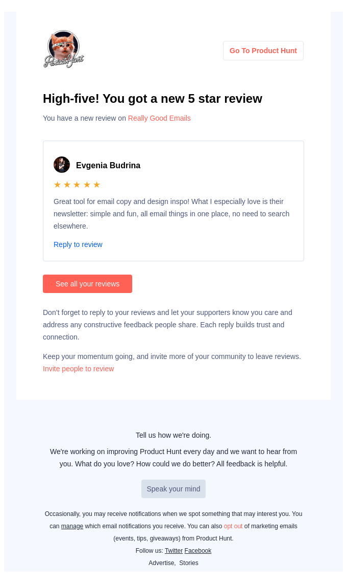 Evgenia Budrina left a review of Really Good Emails