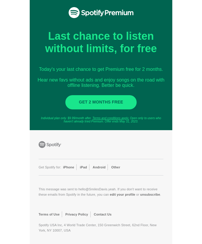 Final call: Get your 2 free months of Premium from Spotify - Desktop Email  View