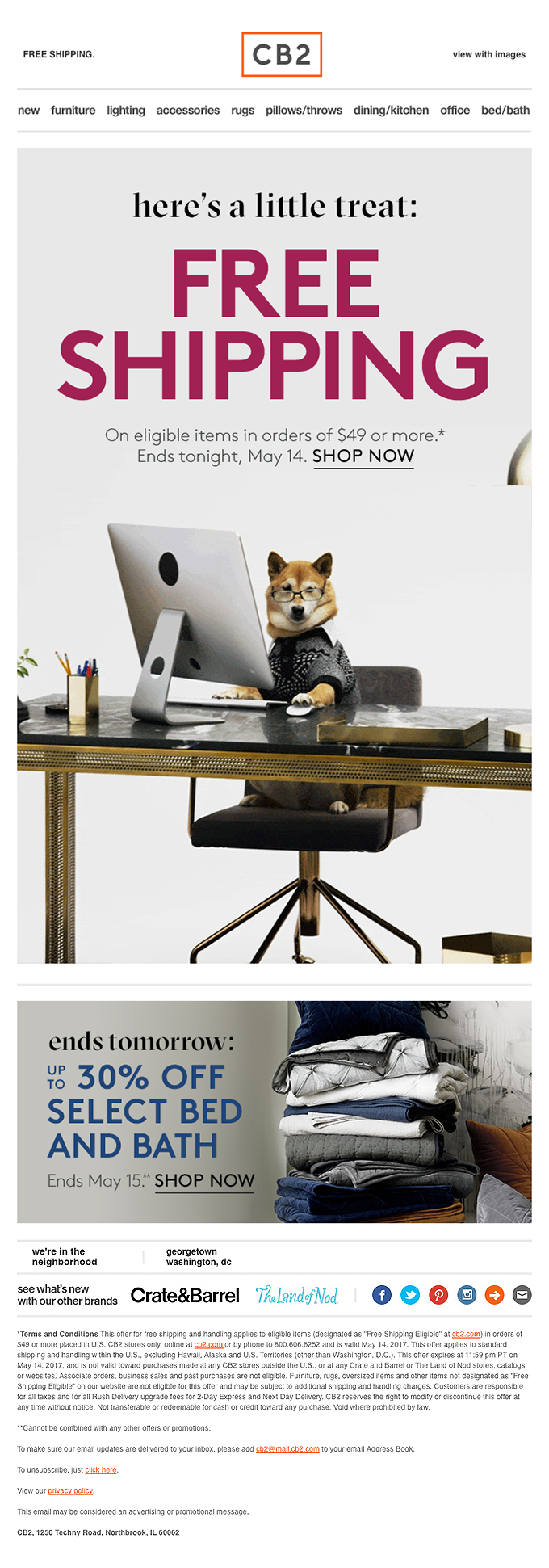 FREE SHIPPING. (PH with bonus dog gif.) from CB2 Desktop Email View