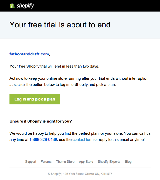 Free Trial Ending Retention Email from Shopify