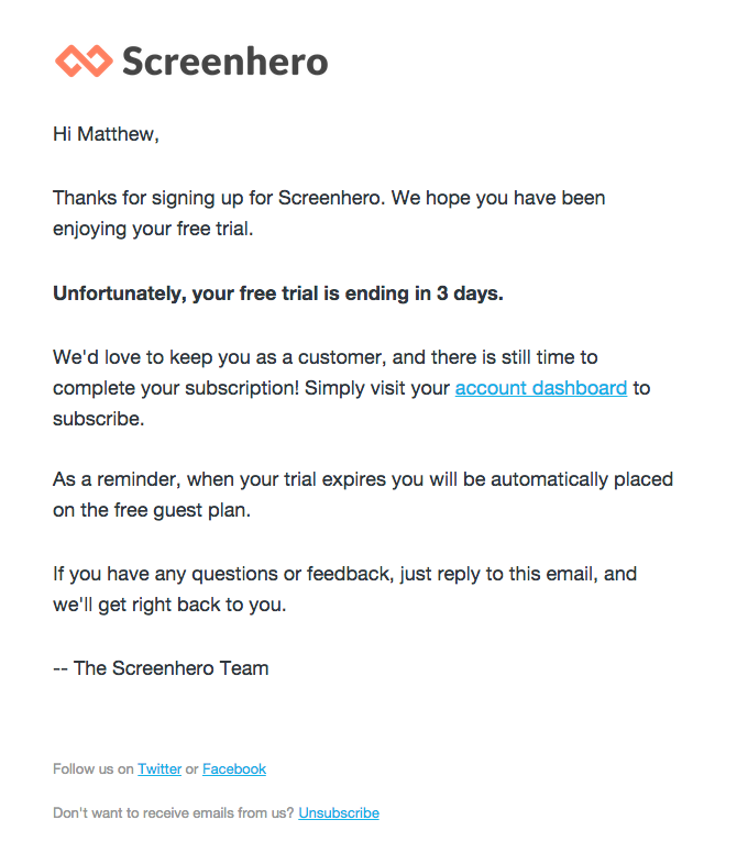 Free Trial Expiration Email from ScreenHero