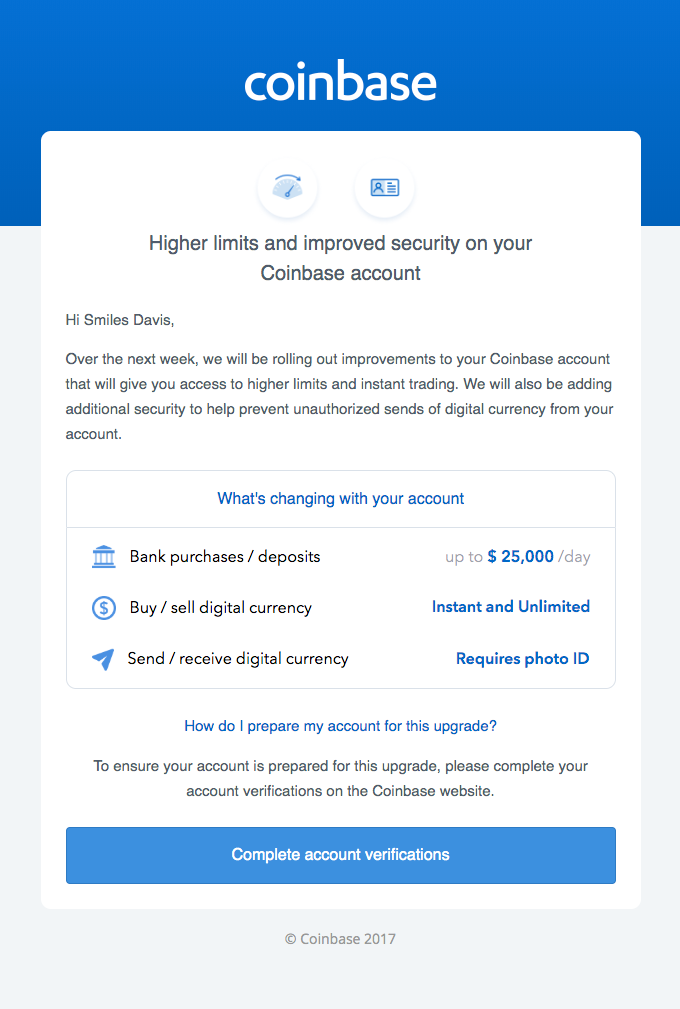 Higher limits and improved security on your Coinbase account