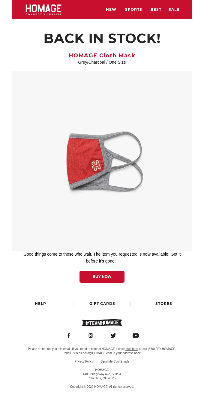 HOMAGE Cloth Mask Back In Stock