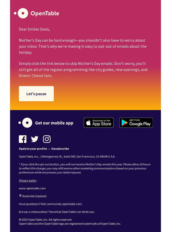 How to mute Mother’s Day emails from OpenTable - Desktop Email View ...