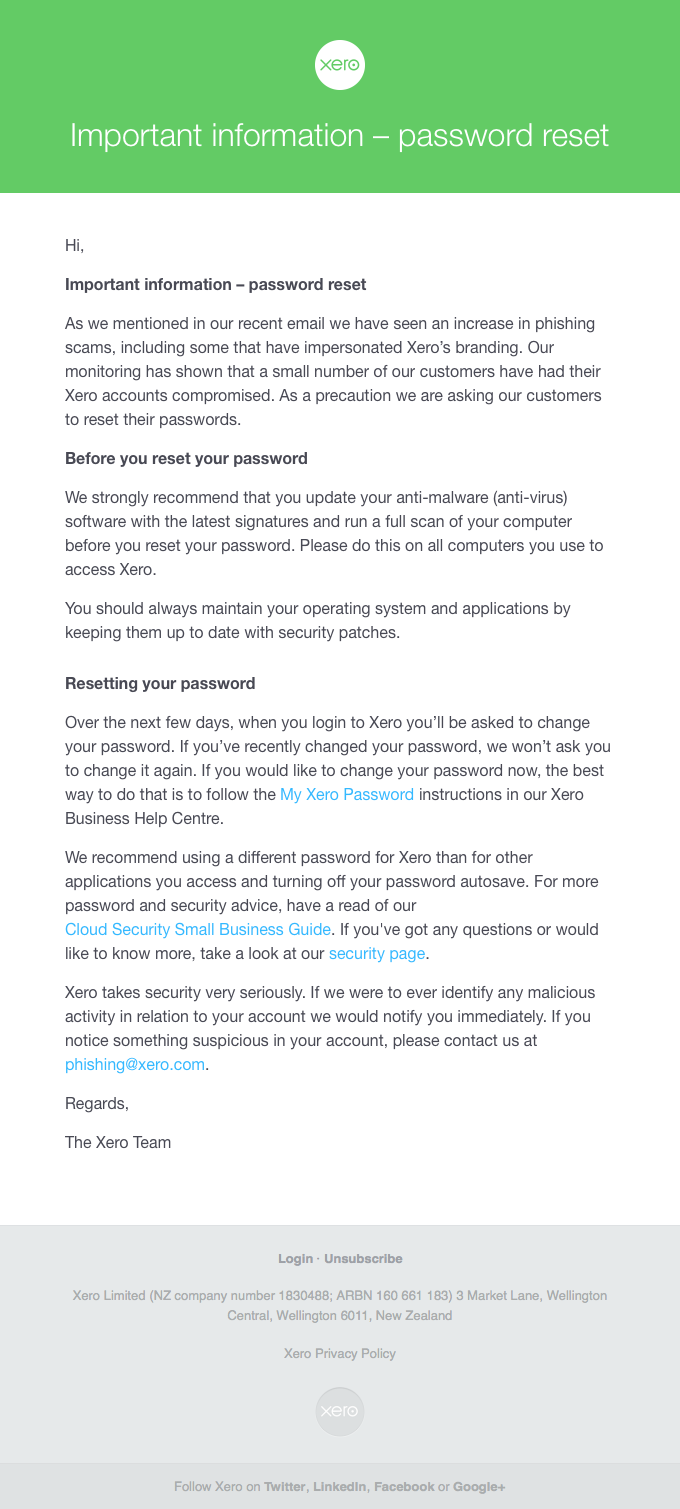 Important information – password reset