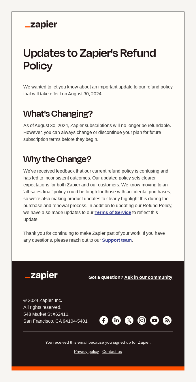 [Important Update] Upcoming Changes to the Zapier Refund Policy