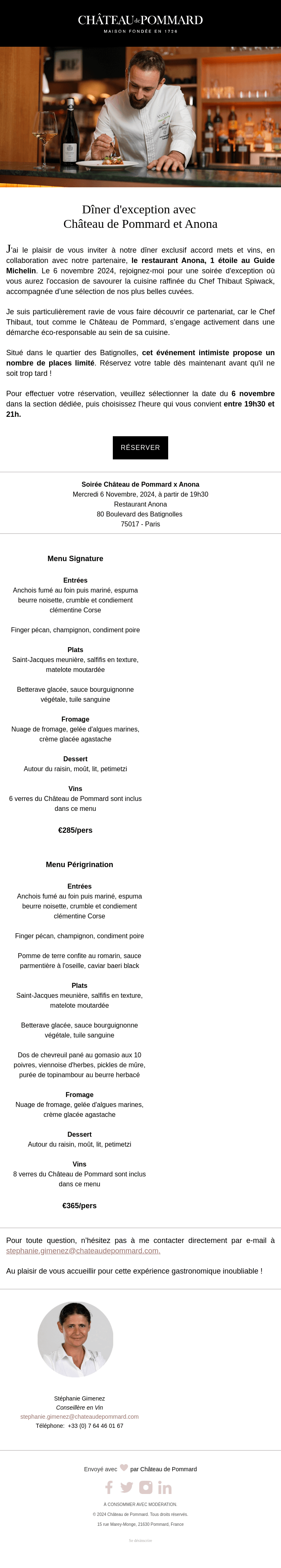 Invitation personnelle | Dîner d’exception avec Anona et Château de Pommard