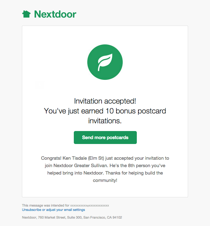 Ken Tisdale accepted your invitation to join Nextdoor Greater Sullivan. You earned bonus postcards!