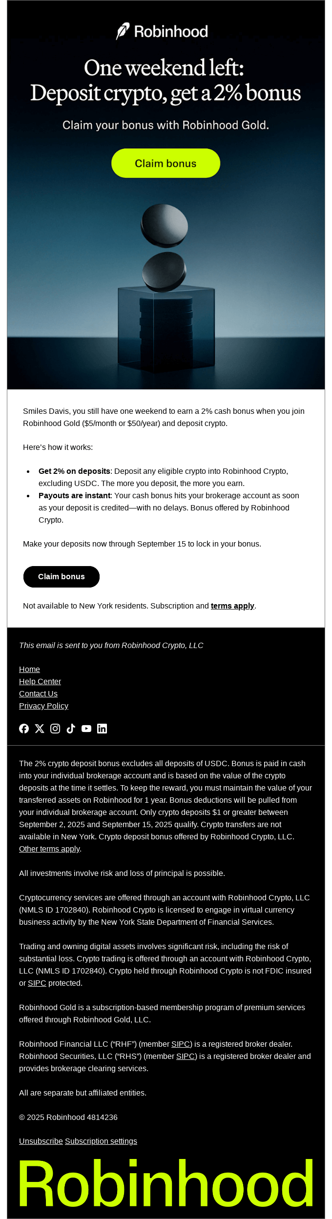 Last weekend to claim a crypto bonus from Robinhood - Desktop Email View |  Really Good Emails