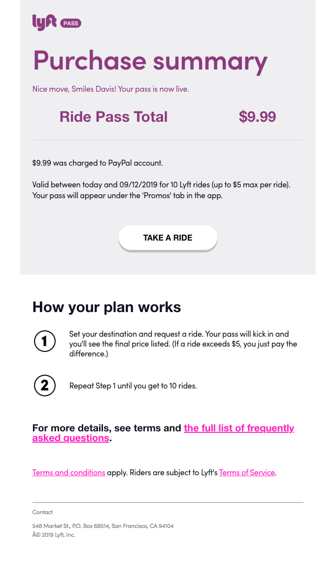 Lyft Ride Pass purchase confirmed