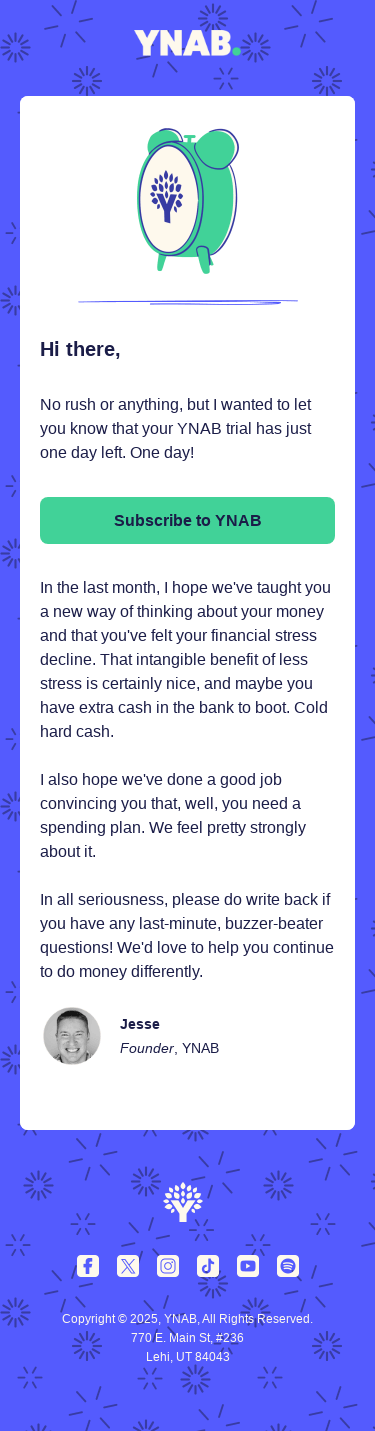 1 day left in your YNAB trial!