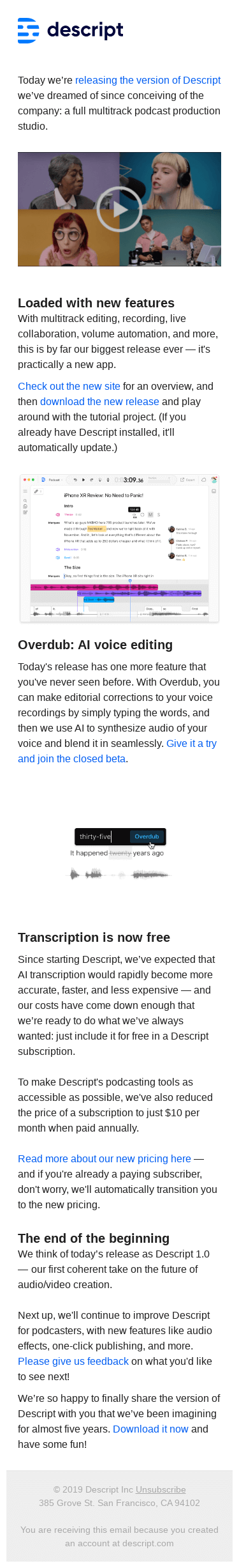 Announcing Descript Podcast Studio, free transcription, and more