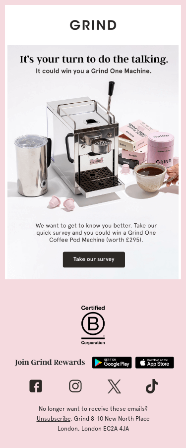 Answer a five-minute survey, win a Coffee Machine.