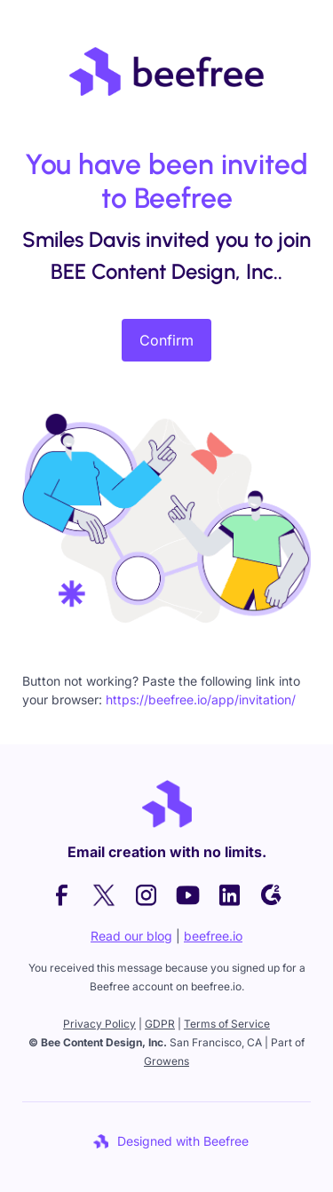 Beefree | Smiles Davis invited you to join BEE Content Design, Inc.