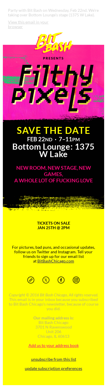 ⚡ BIT BASH PRESENTS Filthy Pixels, Feb 22nd. Tickets on sale Jan 25th. ⚡