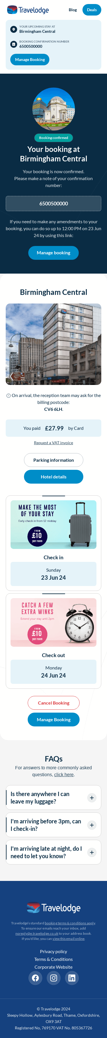 Booking Confirmed: Birmingham Central on 23 Jun 24 (#6500500000) - manage your booking online