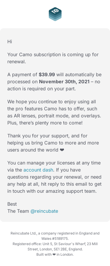 Camo subscription renewal