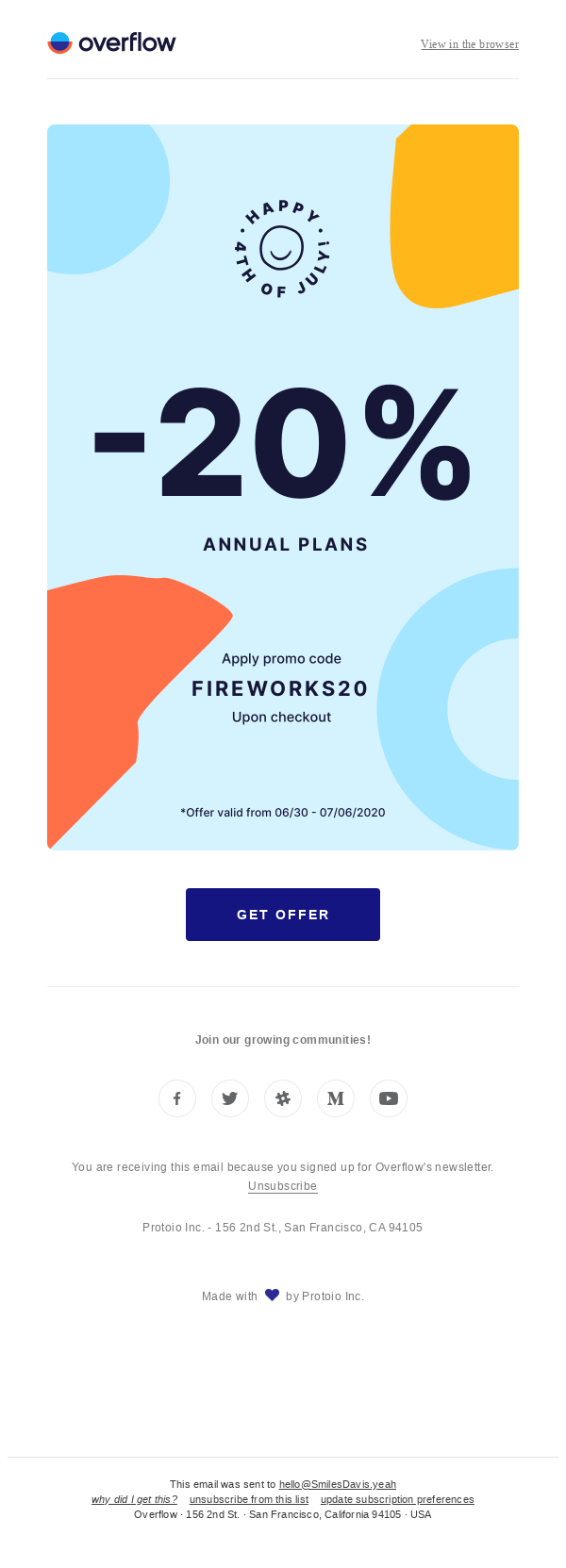 Celebrate the 4th of July early with 20% OFF on Overflow annual plans.