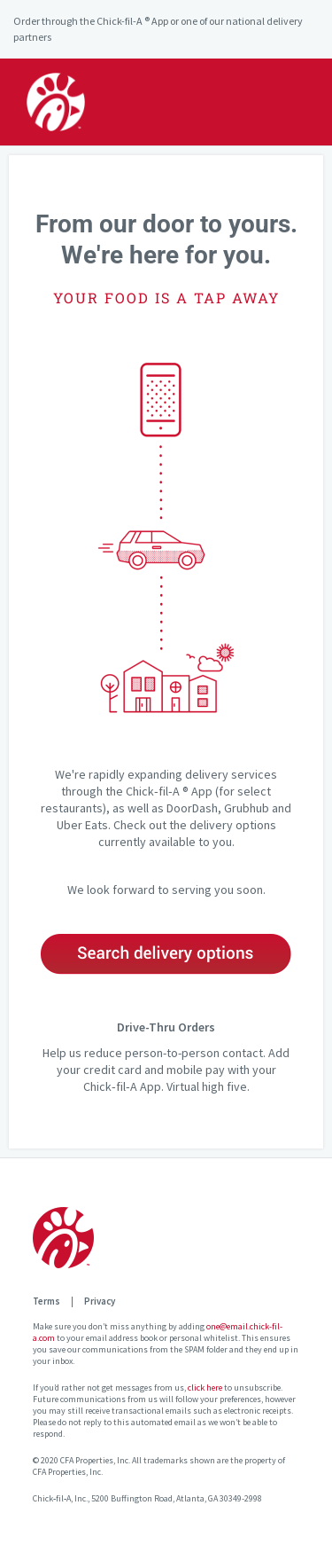 Chick-fil-A is open. Get your next meal delivered.