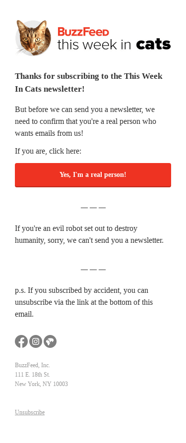 Confirm your This Week In Cats subscription now!