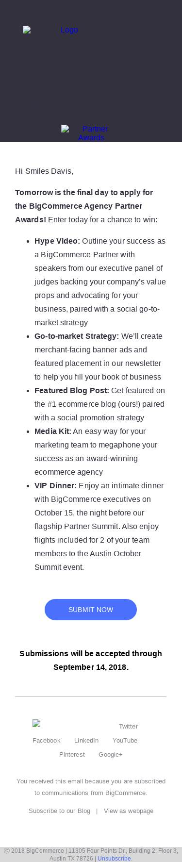 DEADLINE TOMORROW: 2018 BigCommerce Agency Partner Awards