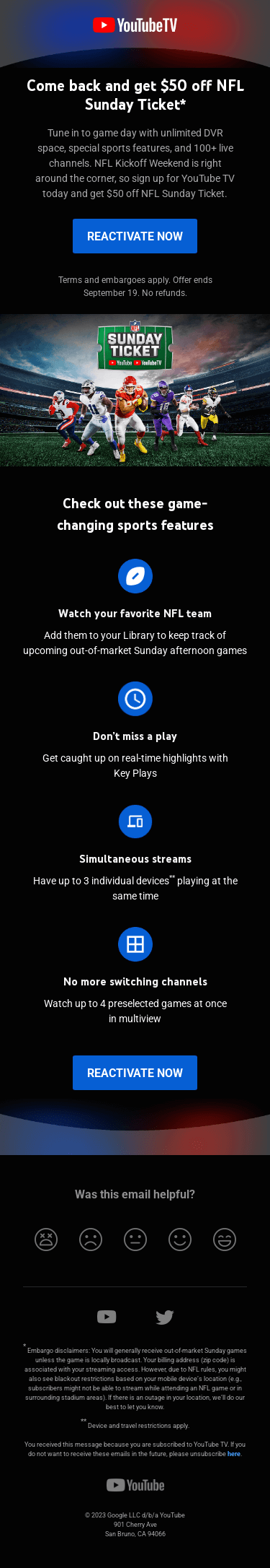 Enjoy $50 off NFL Sunday Ticket with YouTube TV