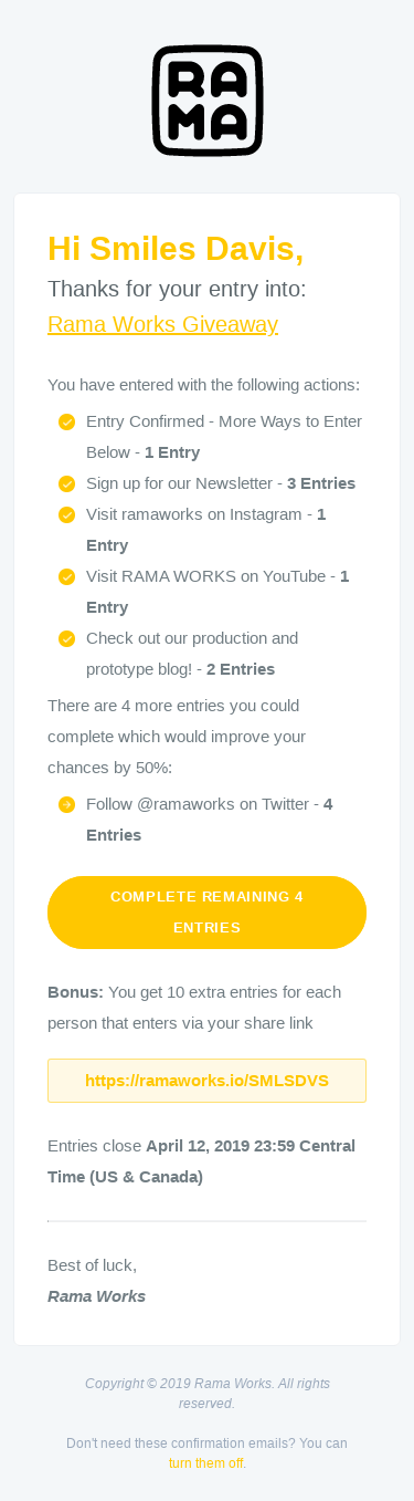 Entry confirmed: Rama Works Giveaway - 8 Entries completed, 4 Left to Complete