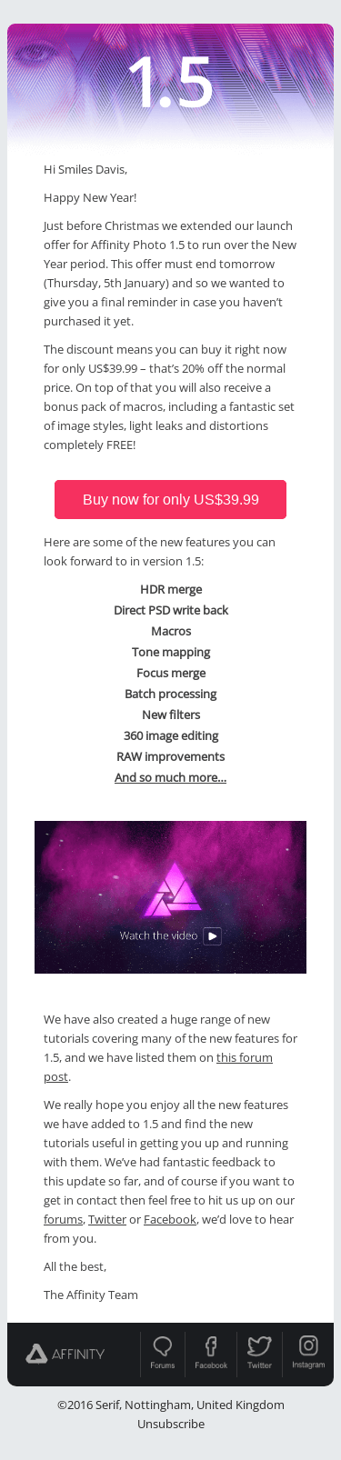 Final Reminder: Affinity Photo 1.5 launch offer