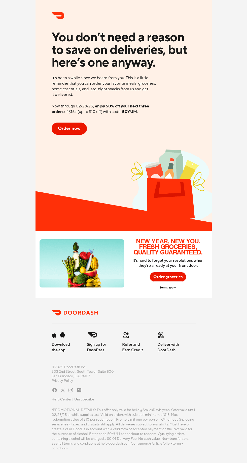 Get 50% off delicious deliveries and expedited essentials.