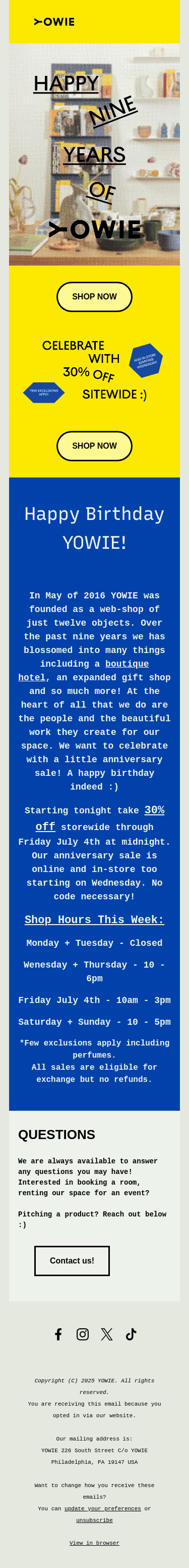 Happy Birthday to Us! Celebrate nine years of YOWIE with an Anniversary Sale starting tonight!