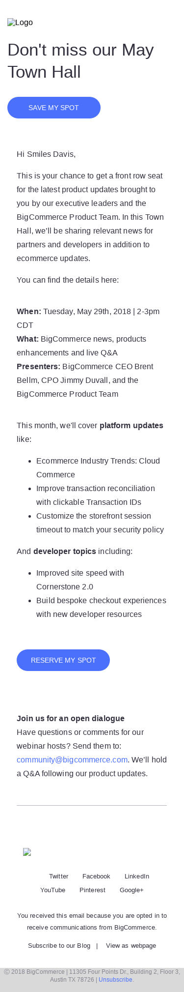 Hi Smiles Davis, join us for a look at upcoming updates to BigCommerce