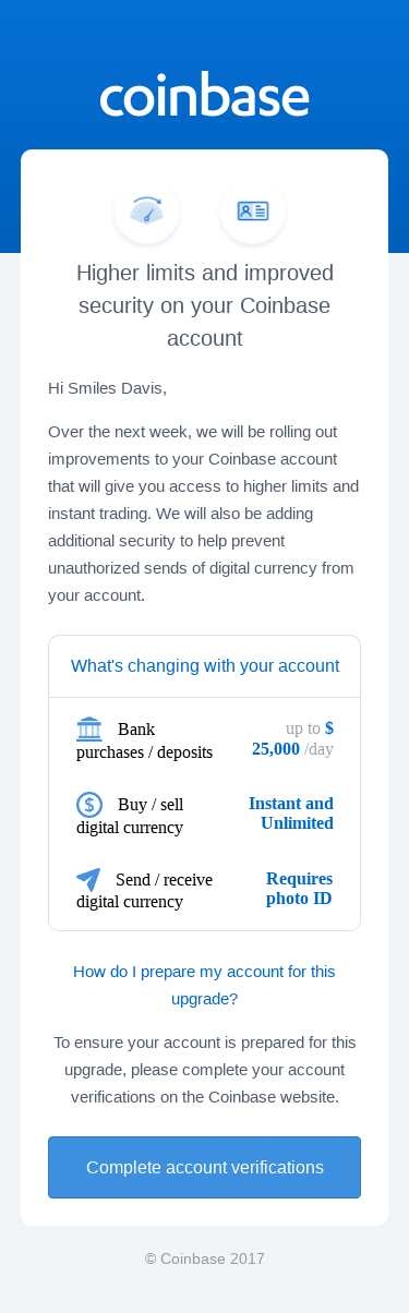 Higher limits and improved security on your Coinbase account