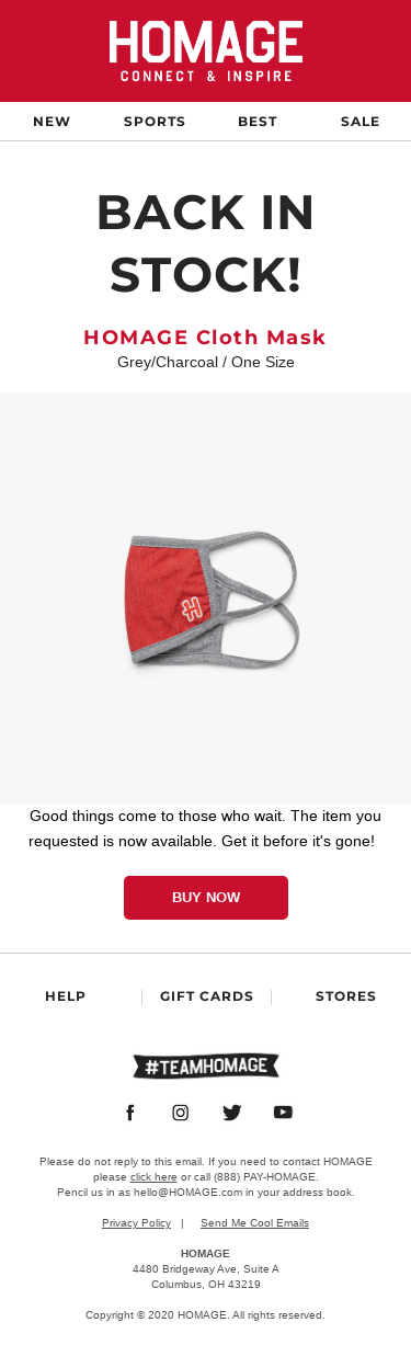 HOMAGE Cloth Mask Back In Stock