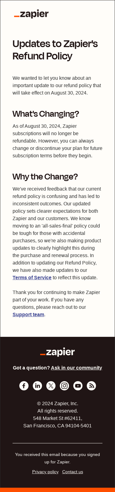 [Important Update] Upcoming Changes to the Zapier Refund Policy