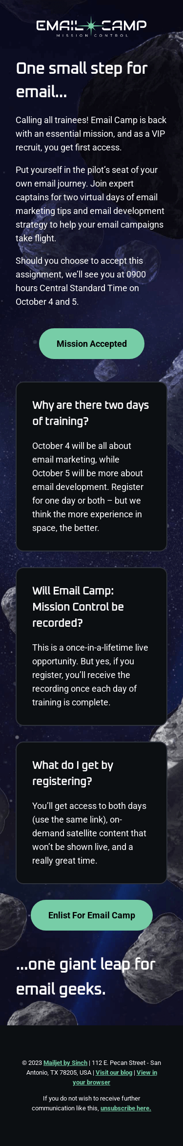 Incoming message from Email Camp: Mission Control